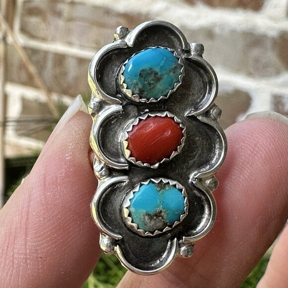 VTG Old Pawn Navajo 5.9g Sterling Silver Ring Natural Turquoise Coral Size 5 - Picture 1 of 7